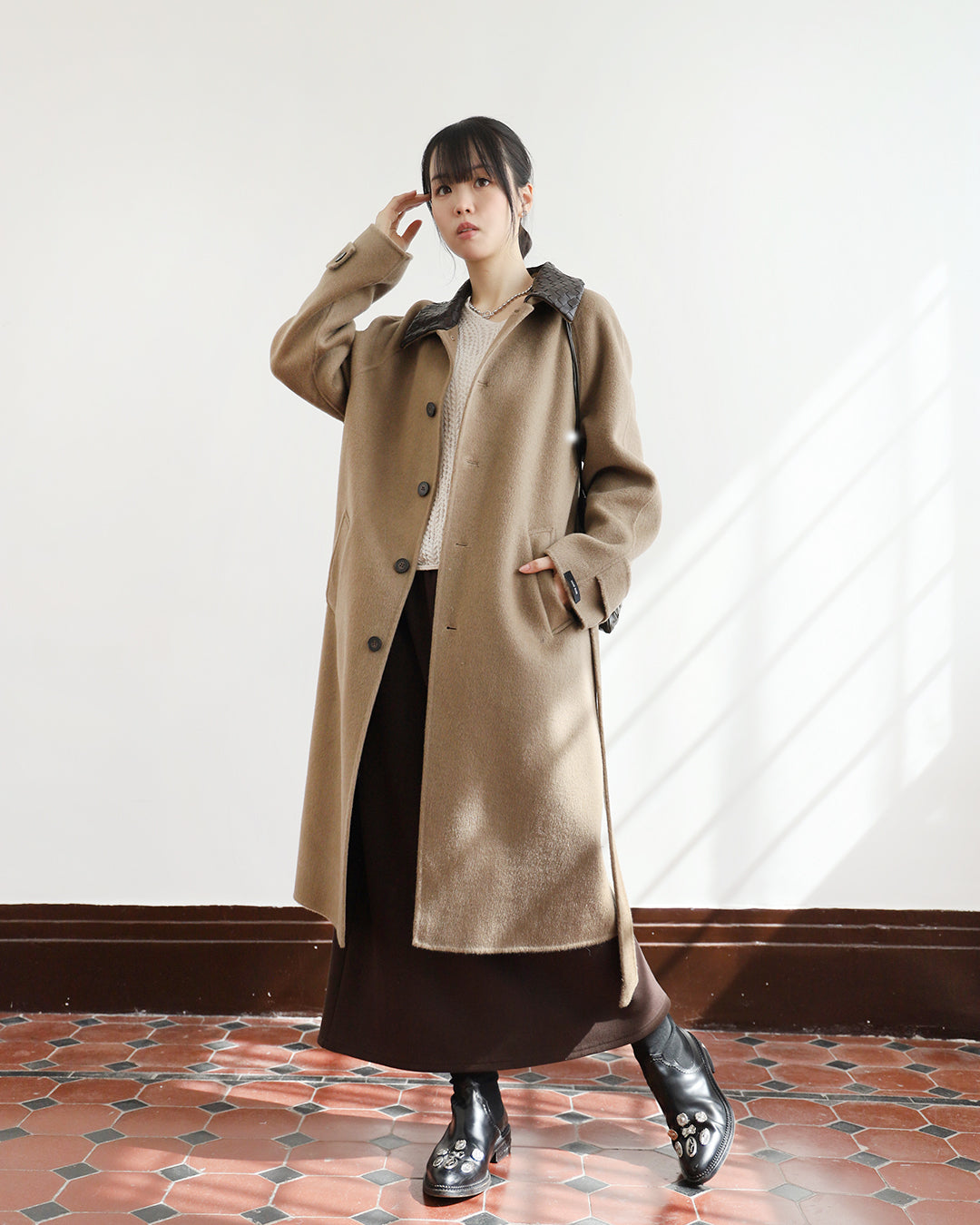 Leather Collar Cashmere Coat
