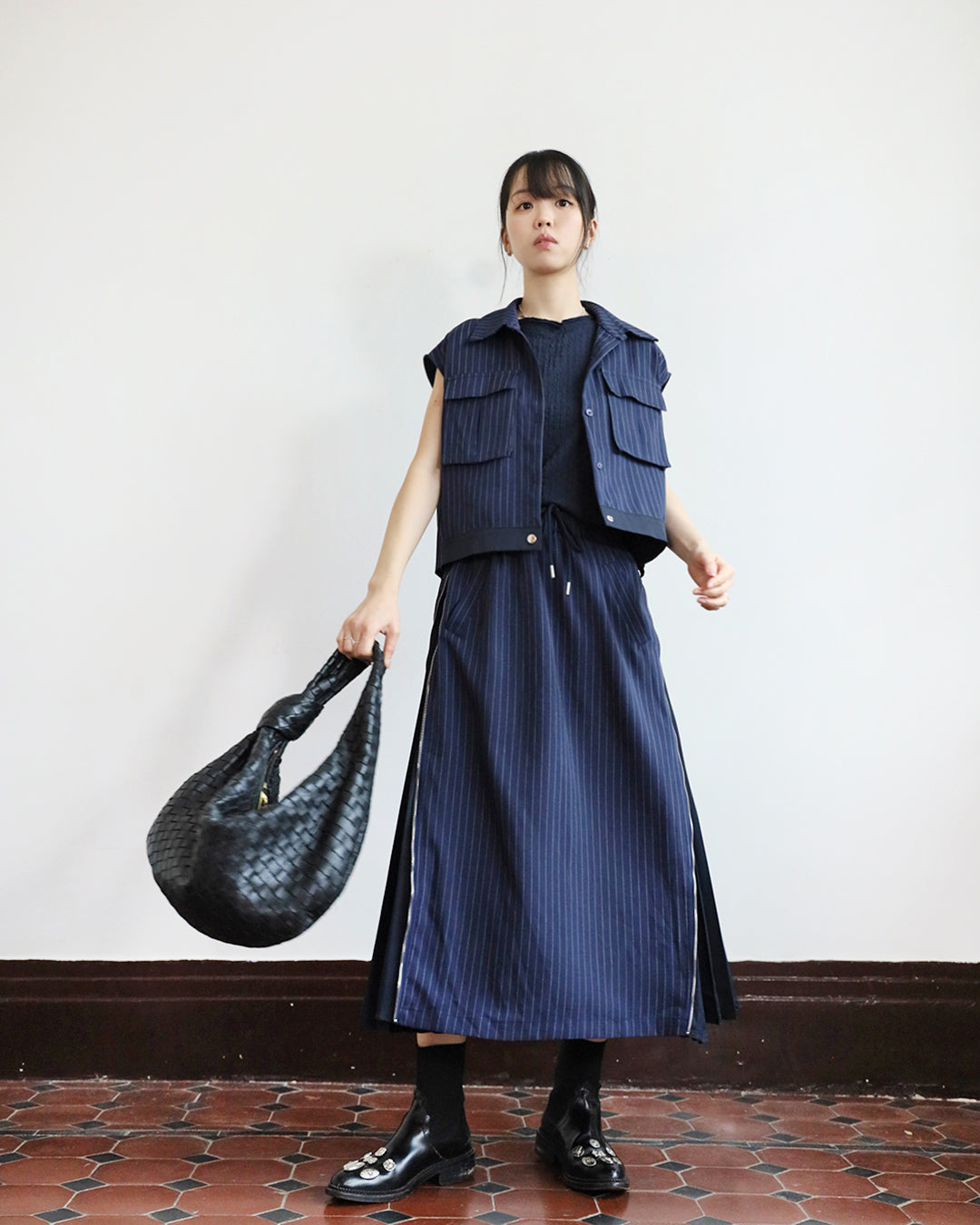 Pinstripe Pleated Vest Jacket + Skirt (Set)
