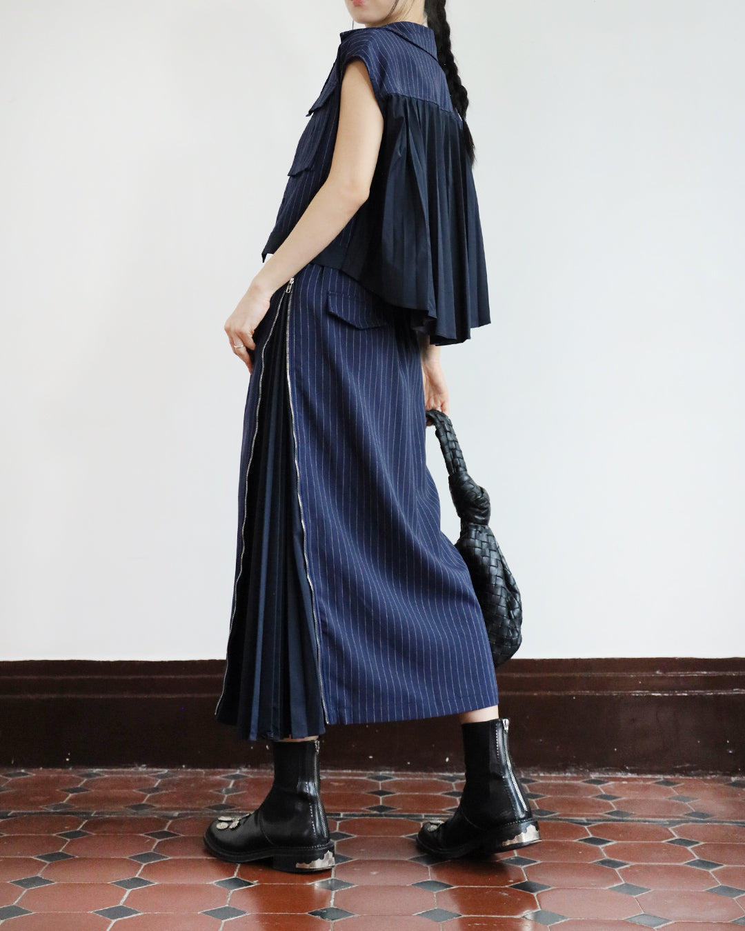 Pinstripe Pleated Vest Jacket + Skirt (Set)