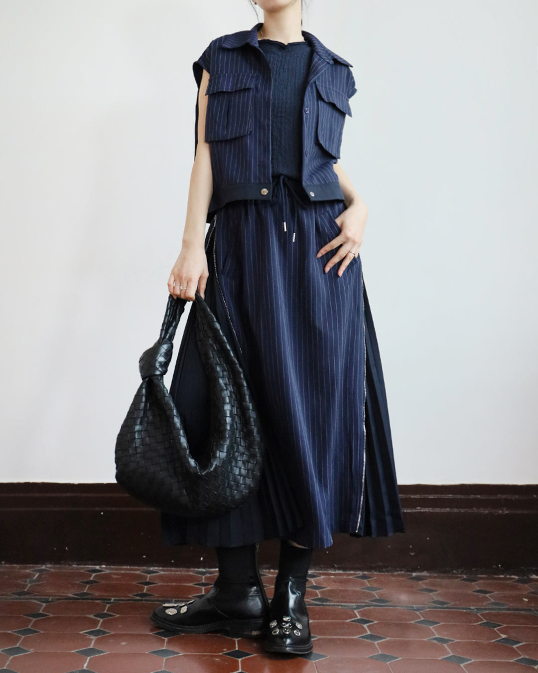 Pinstripe Pleated Vest Jacket + Skirt (Set)