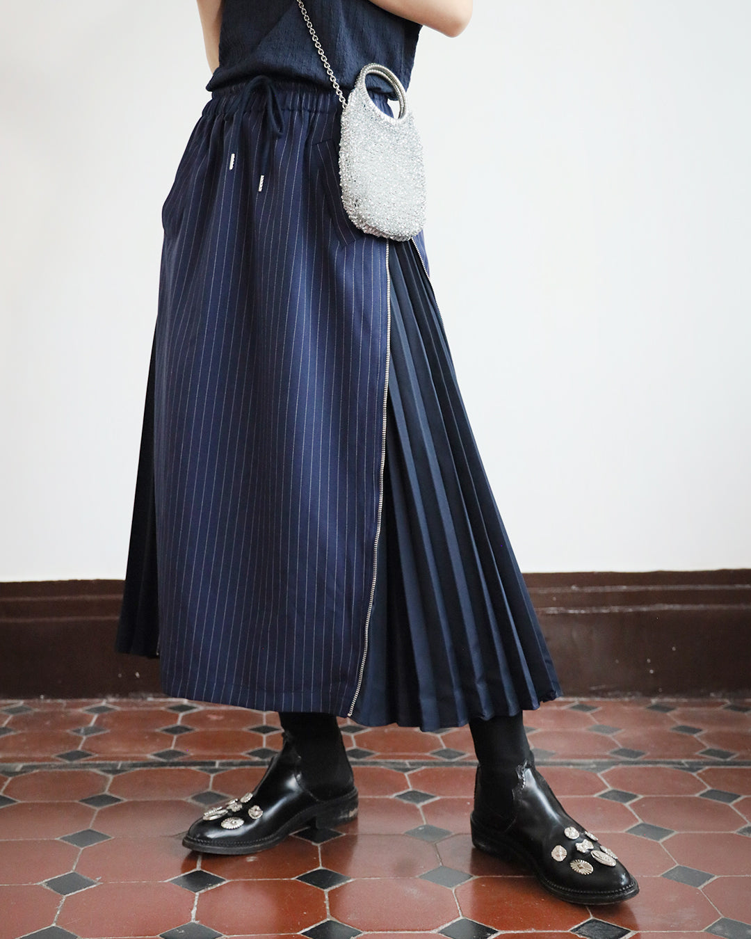 Pinstripe Pleated Vest Jacket + Skirt (Set)