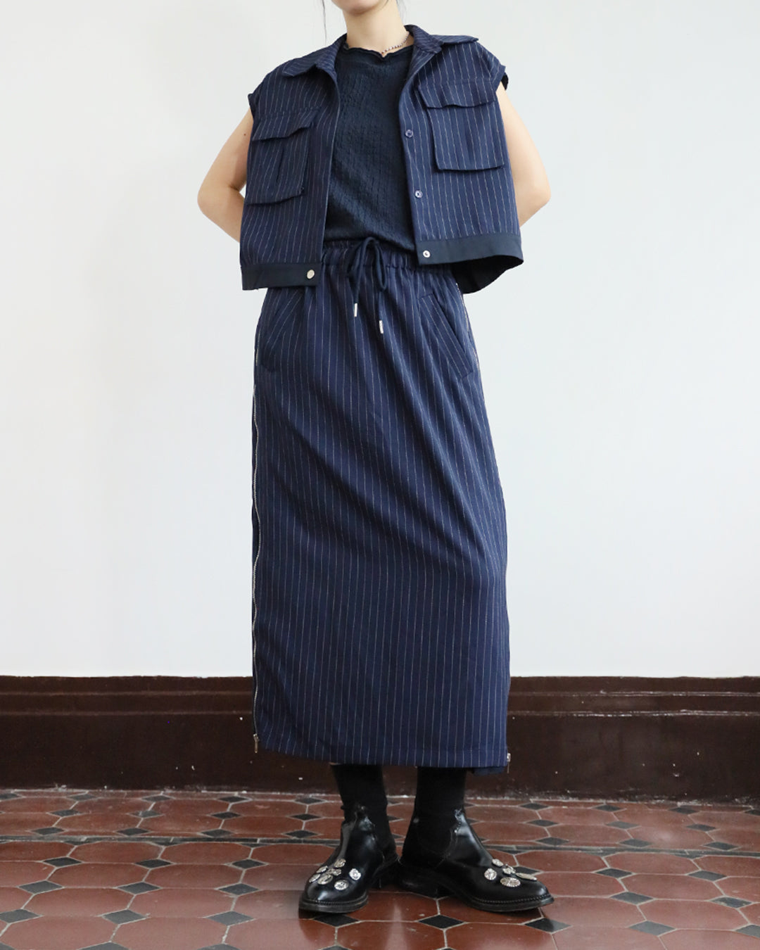 Pinstripe Pleated Vest Jacket + Skirt (Set)
