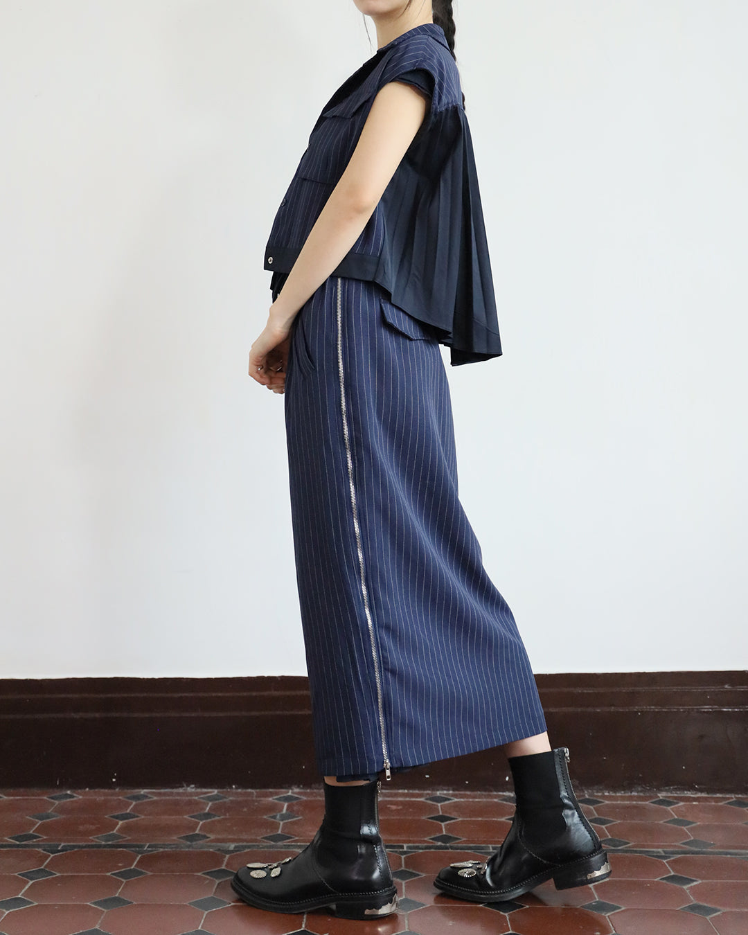 Pinstripe Pleated Vest Jacket + Skirt (Set)