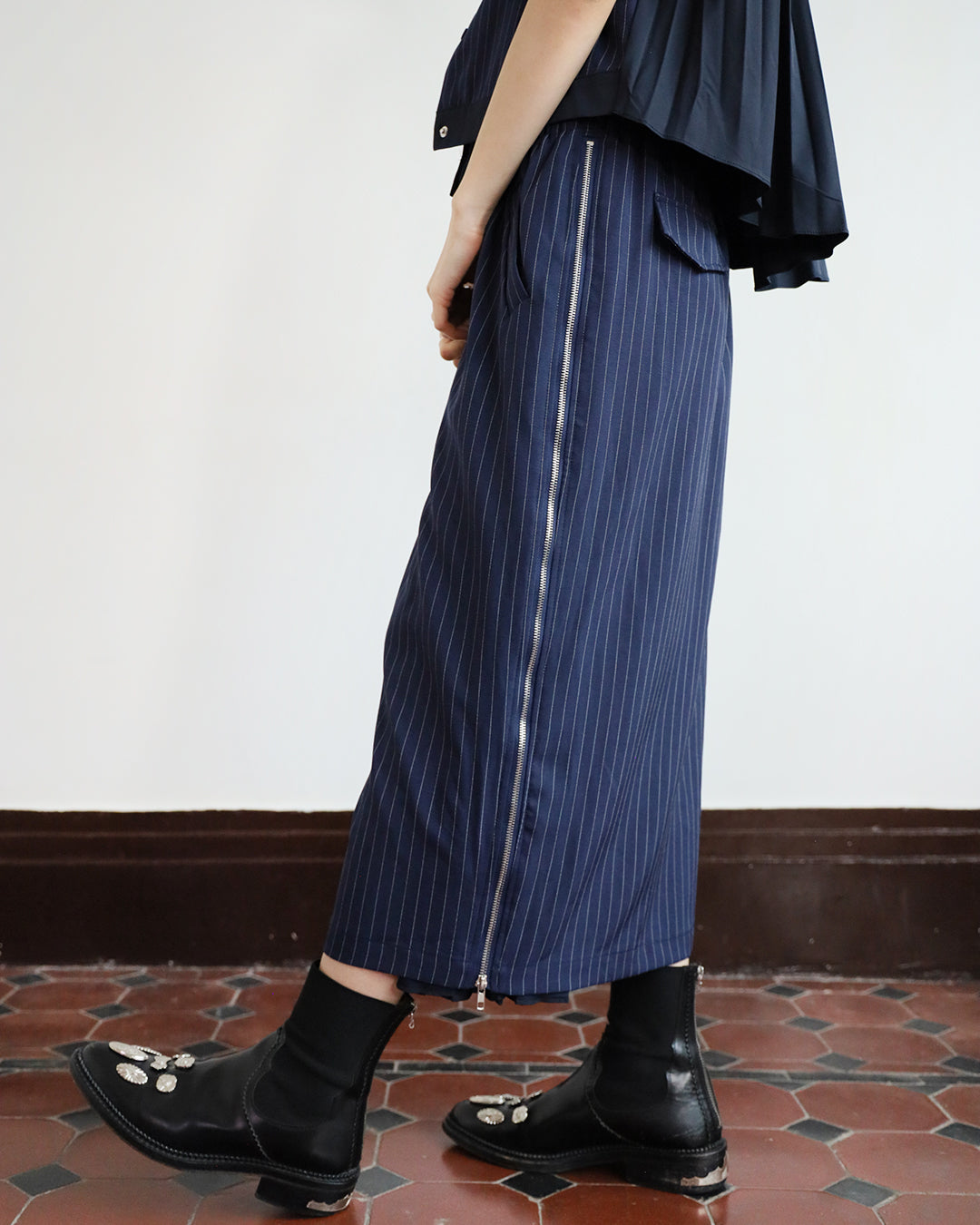 Pinstripe Pleated Vest Jacket + Skirt (Set)