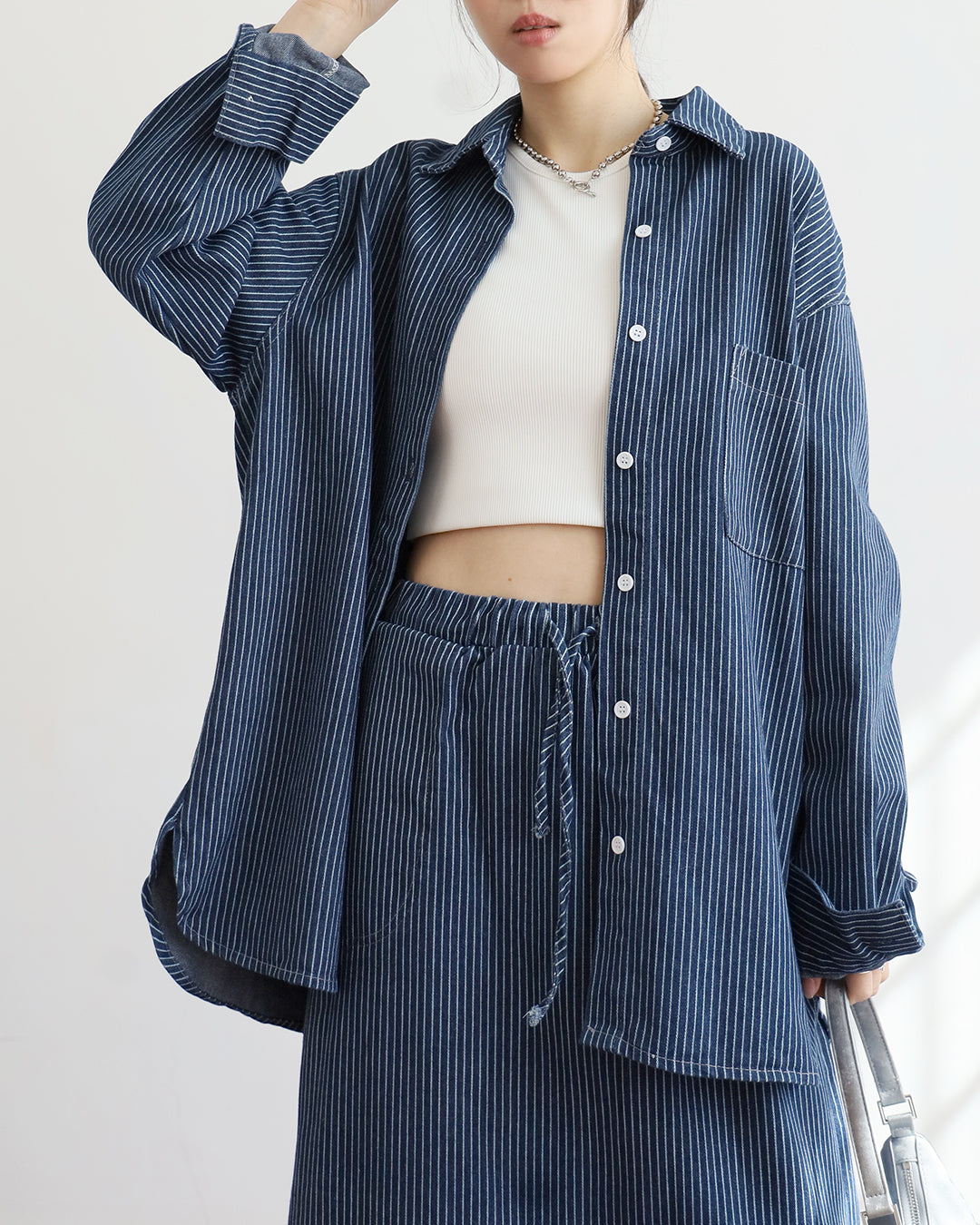 Pinstripe Denim Shirt +Skirt (Set)