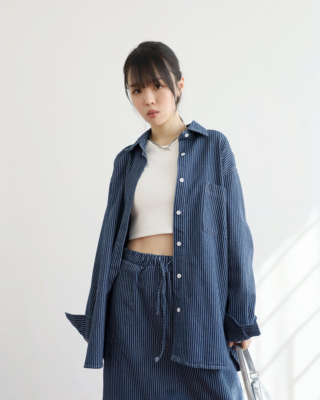 Pinstripe Denim Shirt +Skirt (Set)