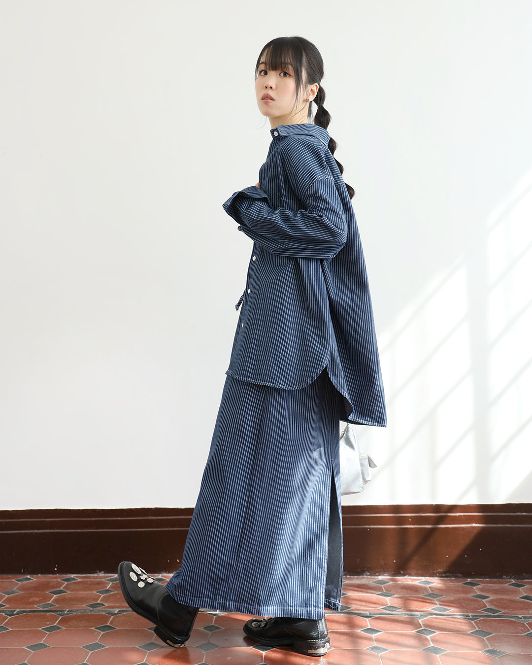 Pinstripe Denim Shirt +Skirt (Set)