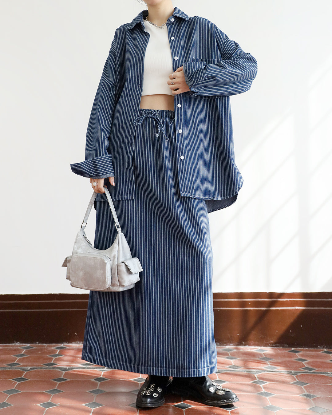 Pinstripe Denim Shirt +Skirt (Set)