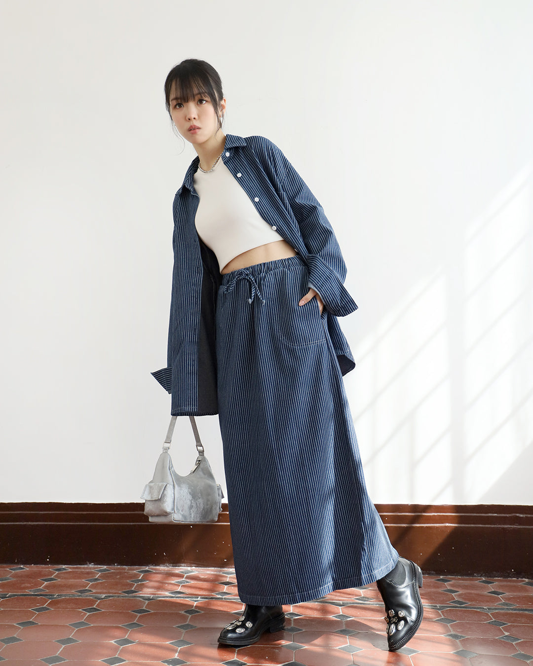 Pinstripe Denim Shirt +Skirt (Set)