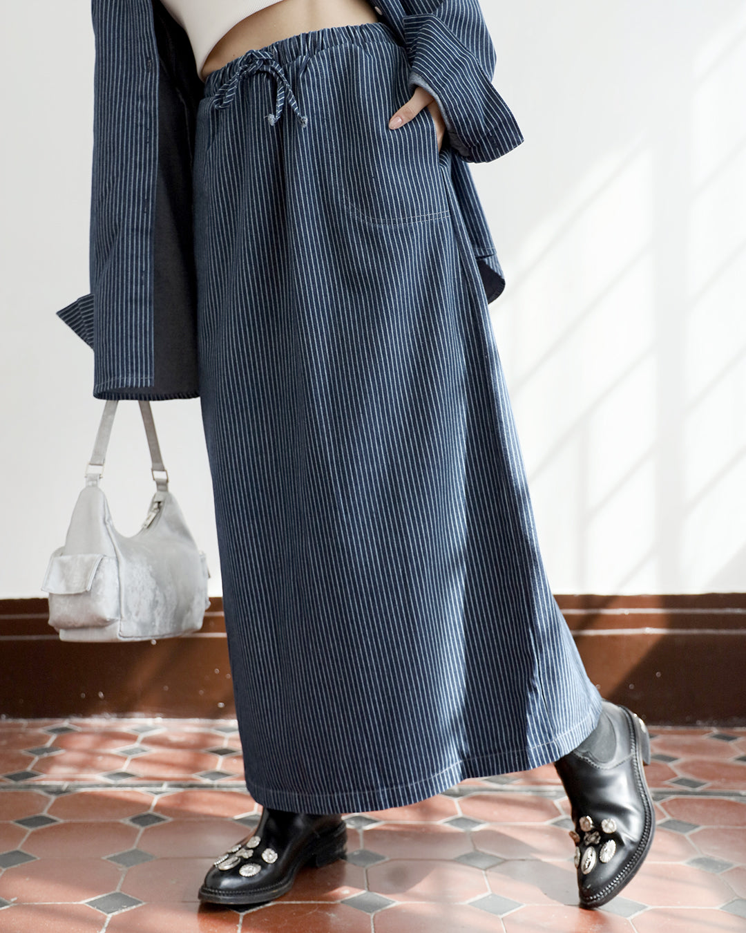 Pinstripe Denim Shirt +Skirt (Set)