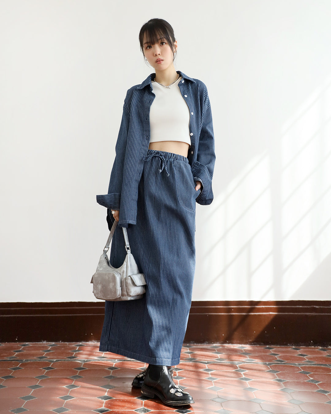 Pinstripe Denim Shirt +Skirt (Set)