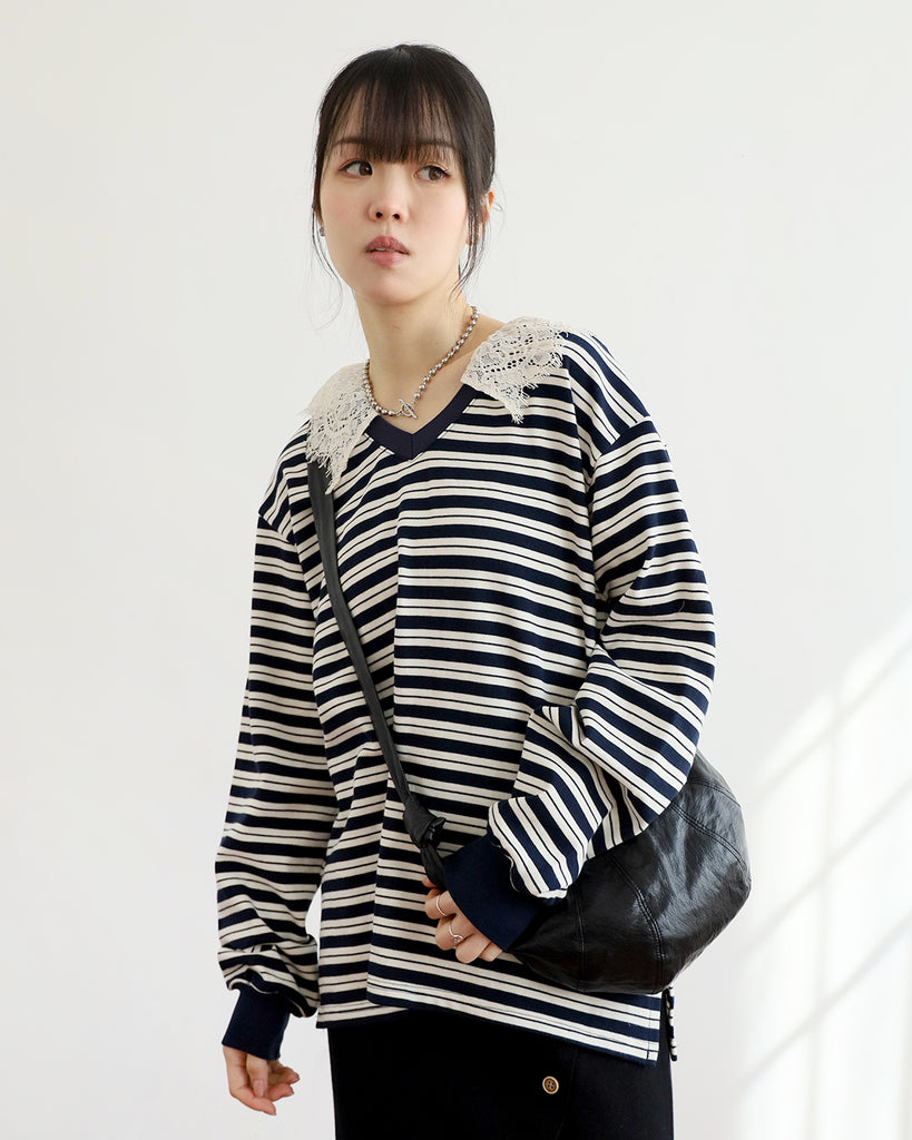 Lace Collar Striped Top (2 colors)