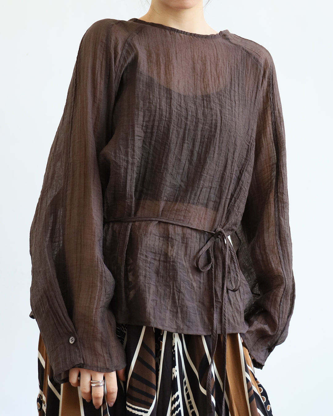 Crinkle Fabric Blouse w/ Belt