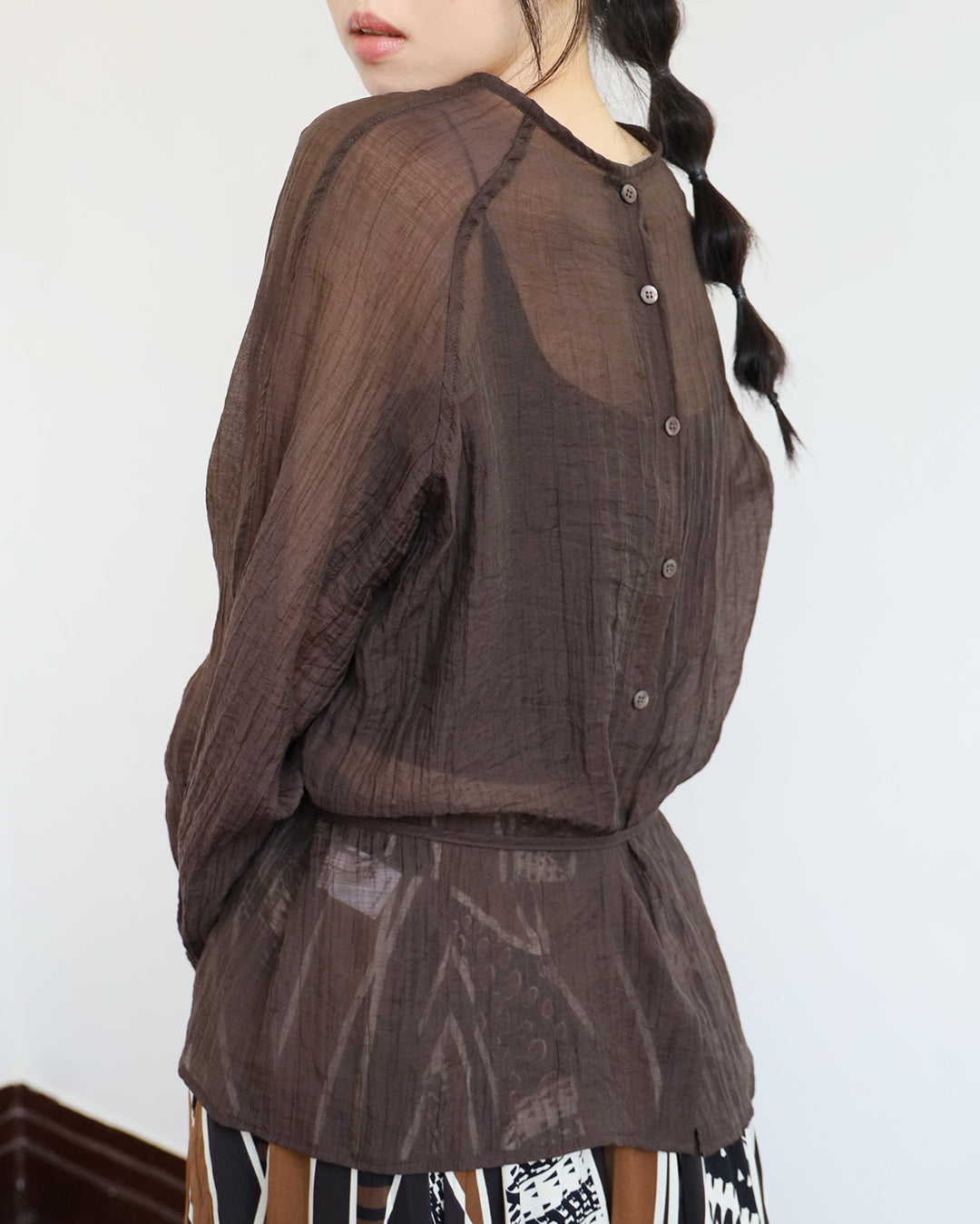 Crinkle Fabric Blouse w/ Belt