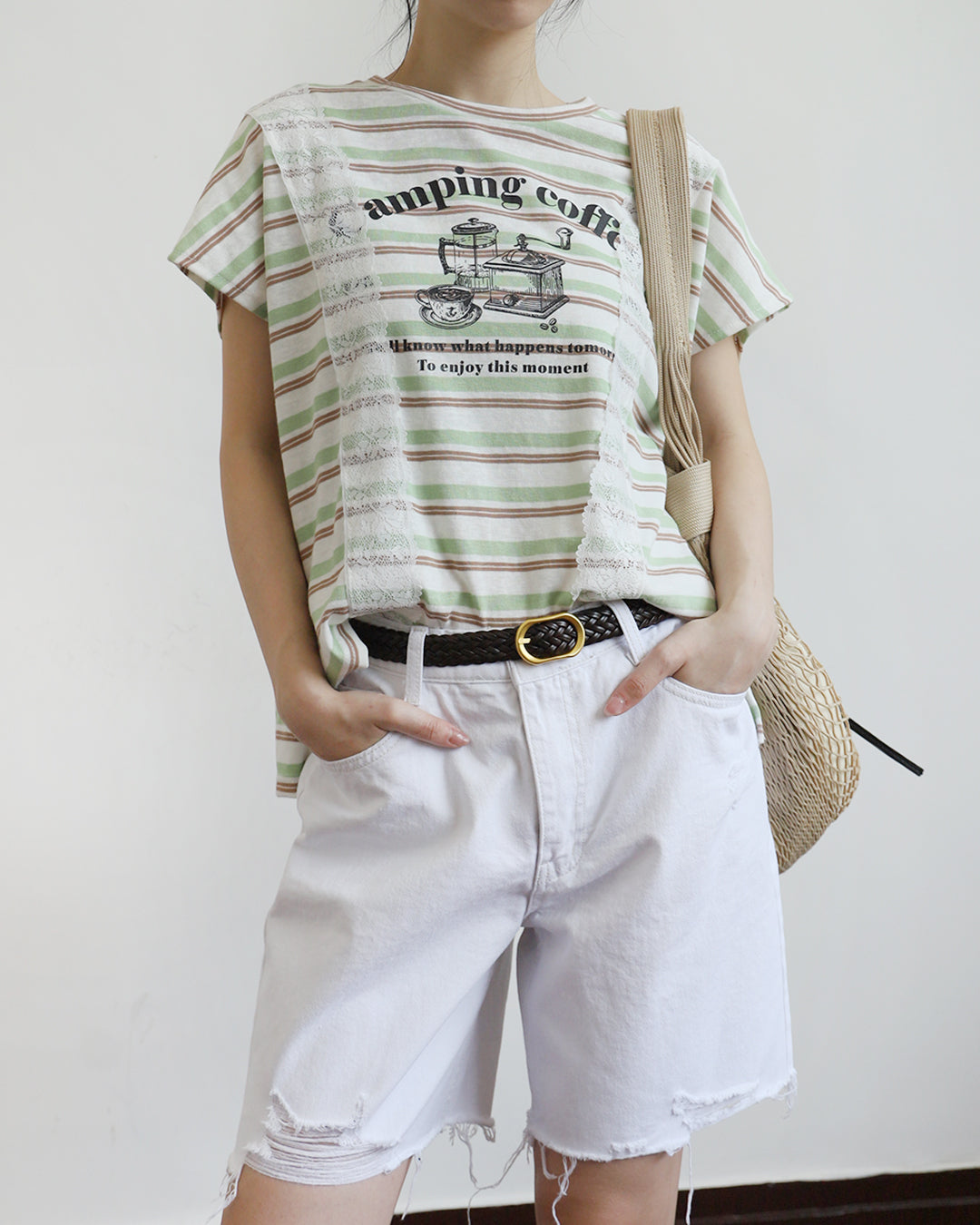 Lace Trim Striped Print Tee