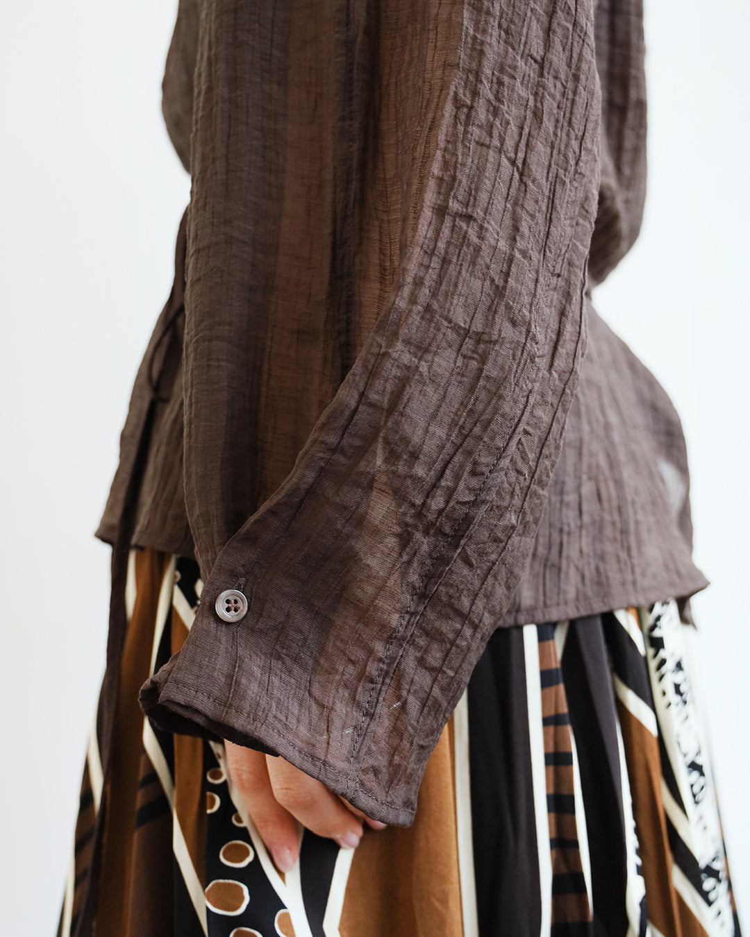 Crinkle Fabric Blouse w/ Belt