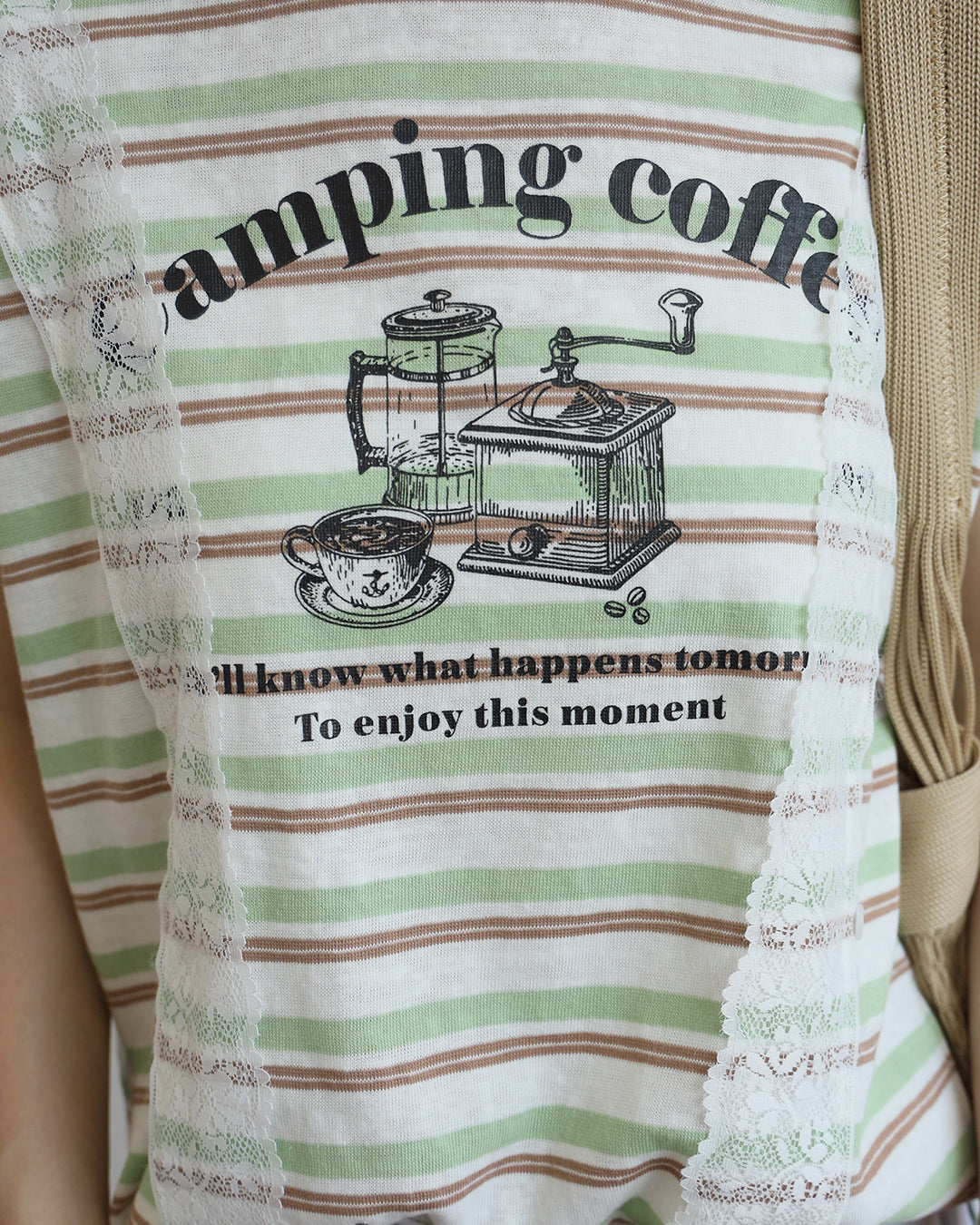 Lace Trim Striped Print Tee