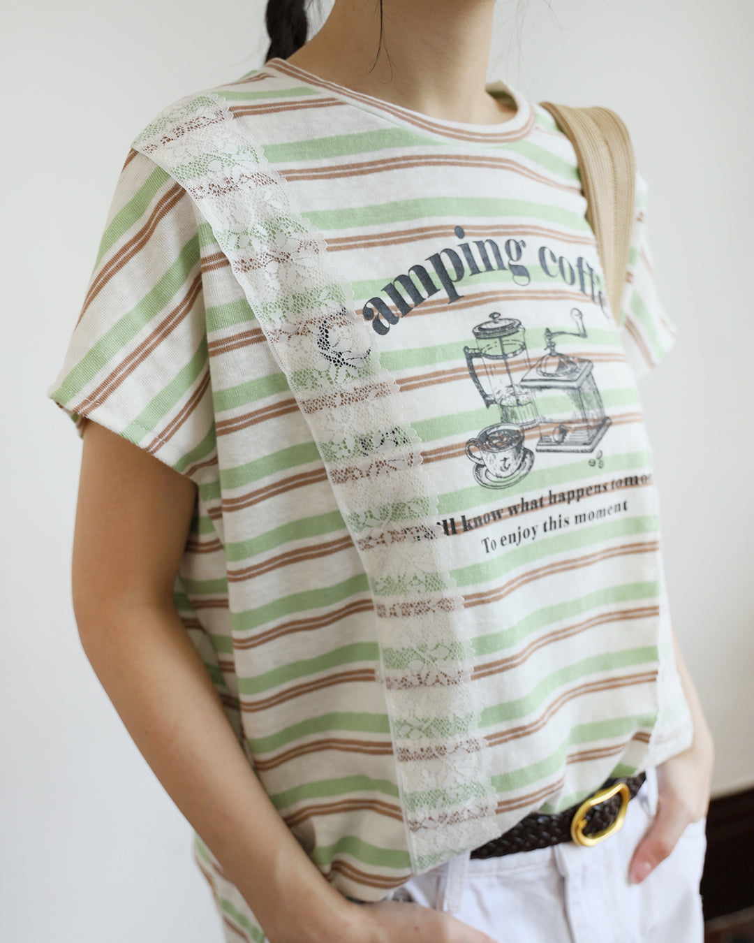 Lace Trim Striped Print Tee