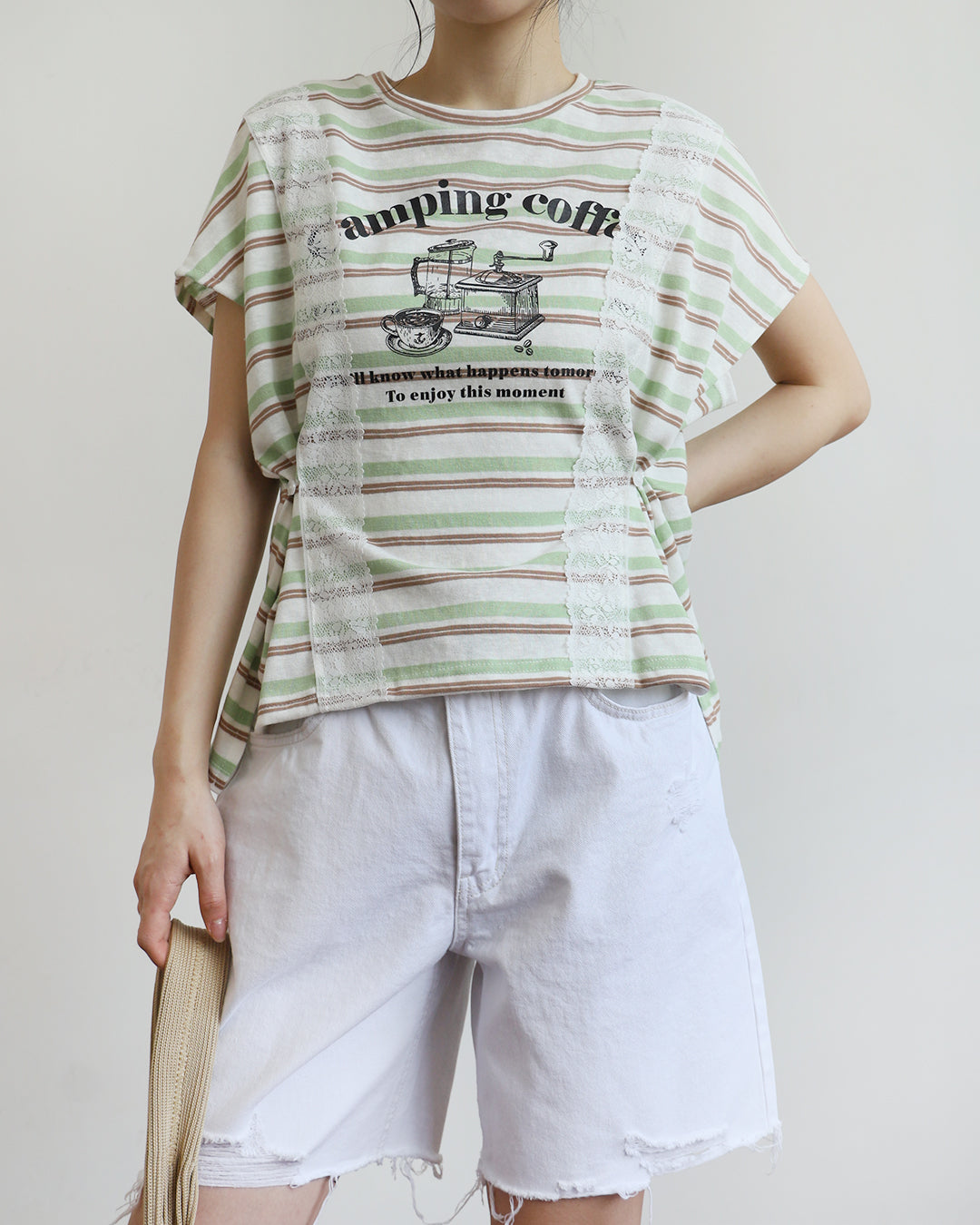 Lace Trim Striped Print Tee