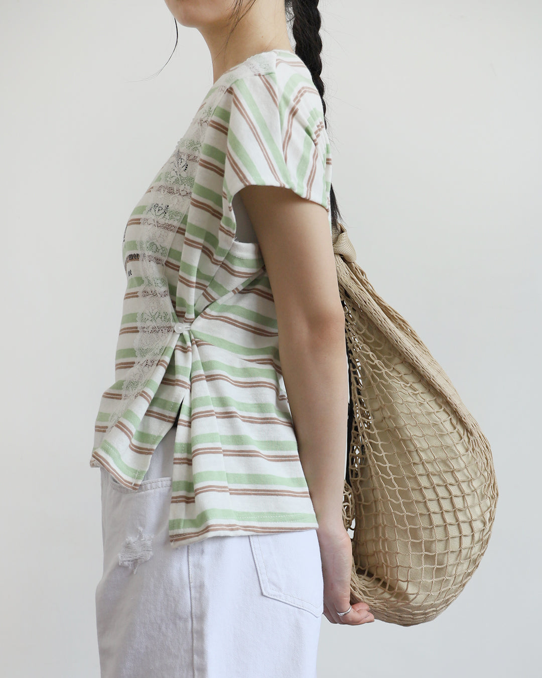 Lace Trim Striped Print Tee