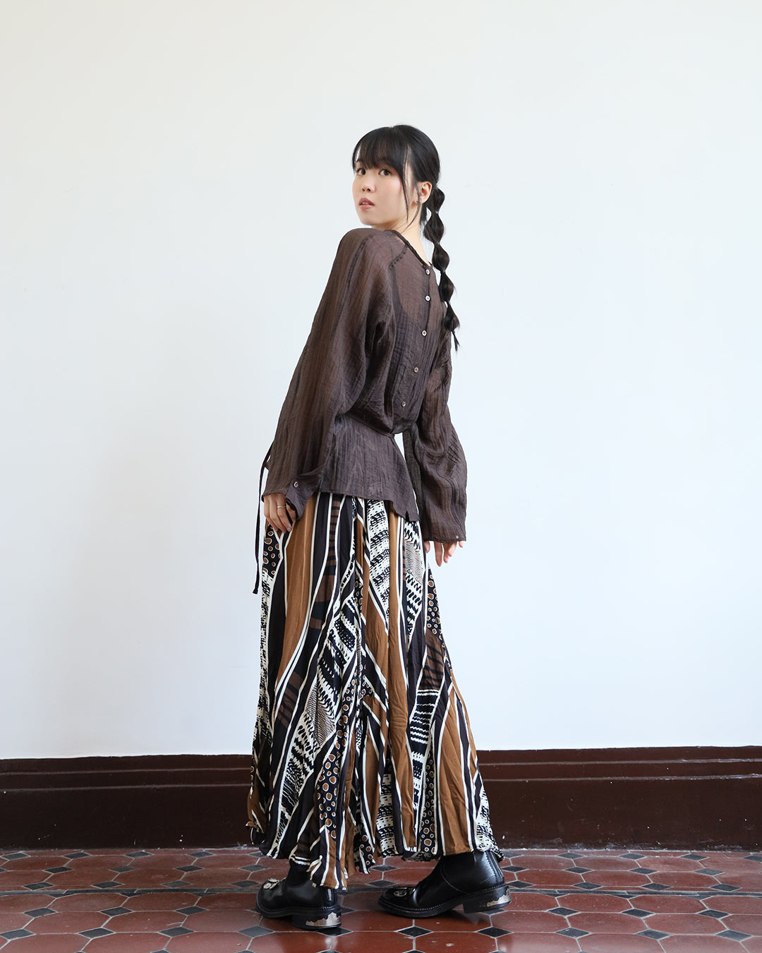 Crinkle Fabric Blouse w/ Belt