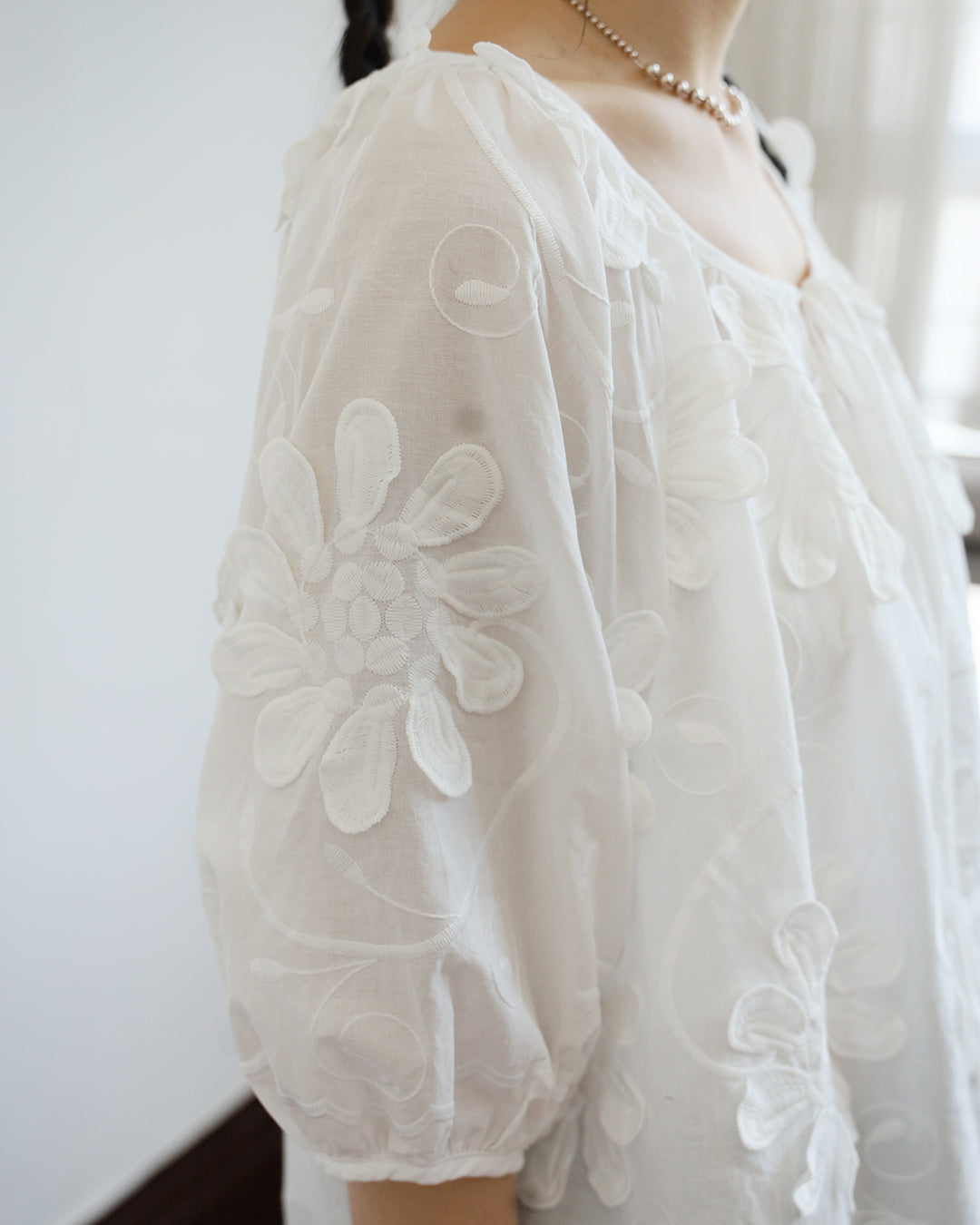 Tie Collar Embroidered Blouse