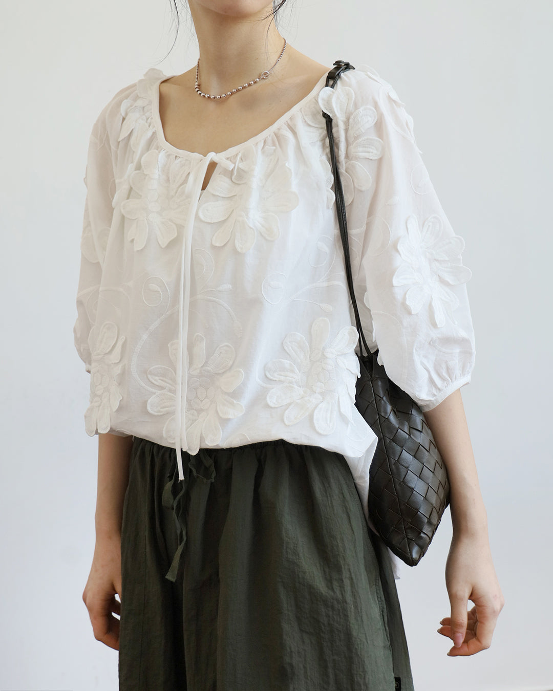 Tie Collar Embroidered Blouse