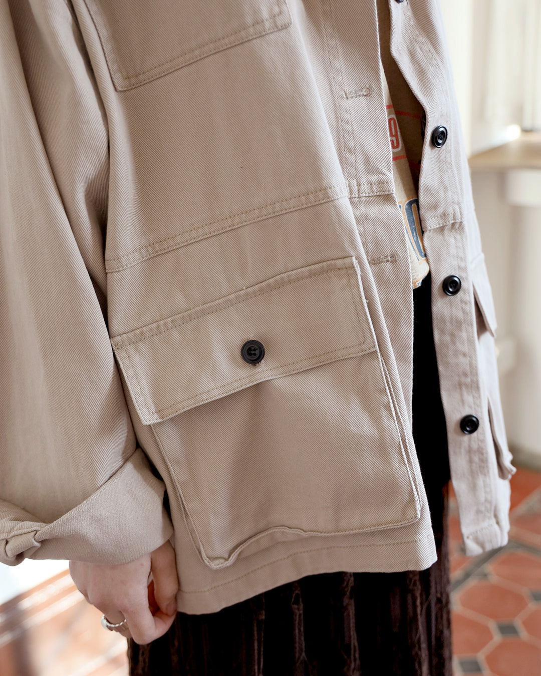 Contrast Collar Pockets Jacket
