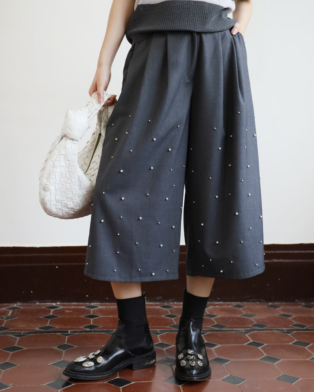 Pearl-Embellished Cropped Pants