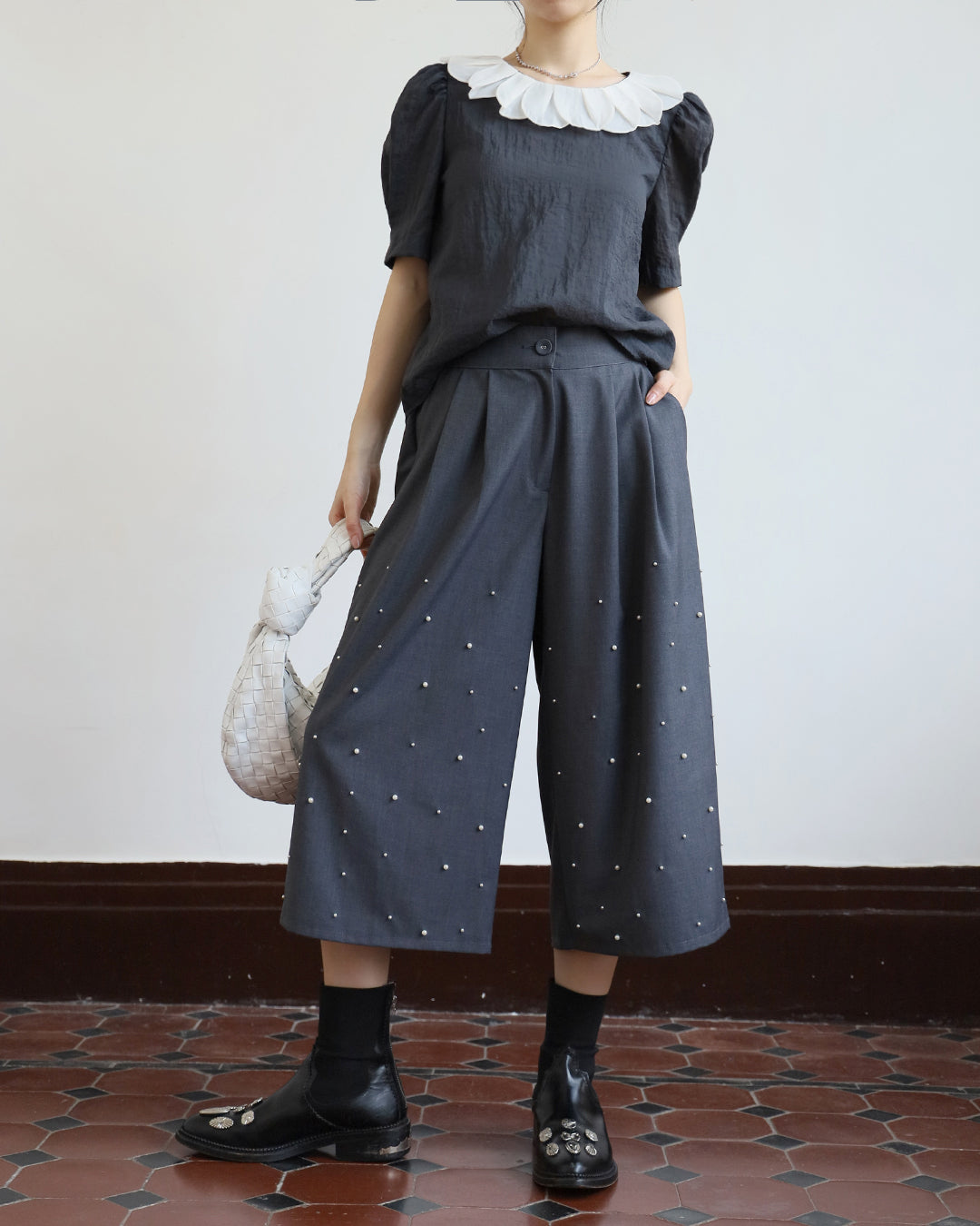 Pearl-Embellished Cropped Pants