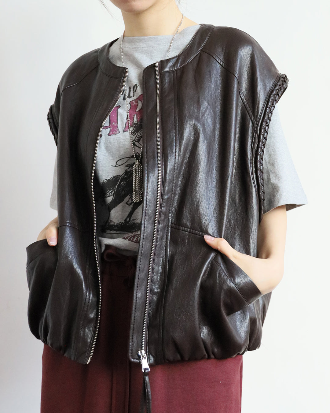 Braid Trim Faux Leather Vest (2 color)