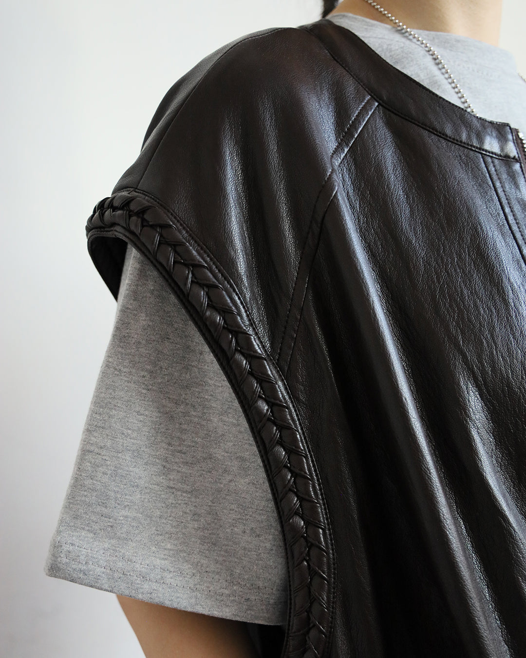 Braid Trim Faux Leather Vest (2 color)