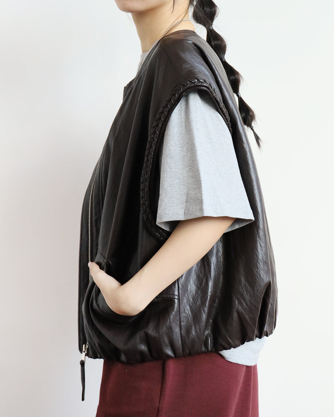 Braid Trim Faux Leather Vest (2 color)