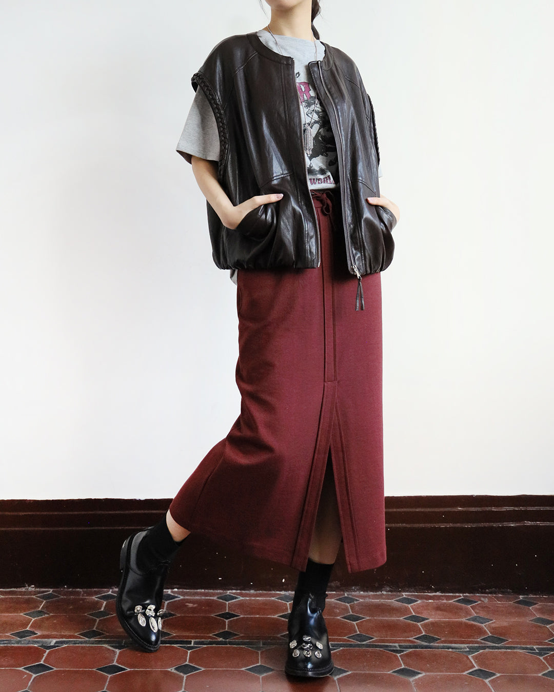 Braid Trim Faux Leather Vest (2 color)