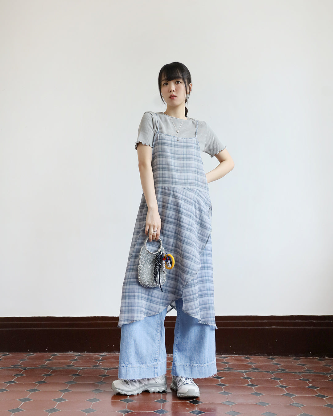 Checker Chiffon Layer Cami Dress