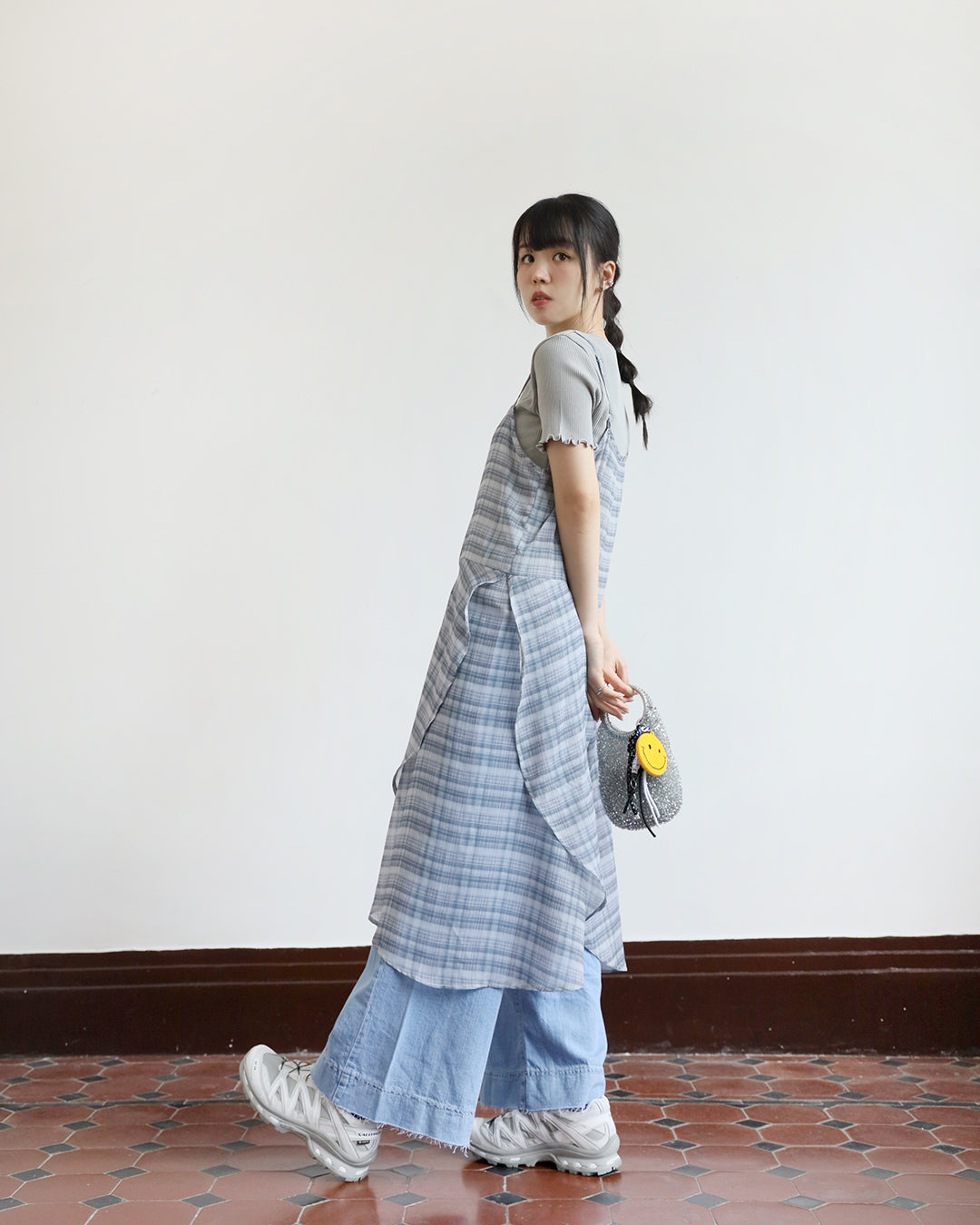 Checker Chiffon Layer Cami Dress