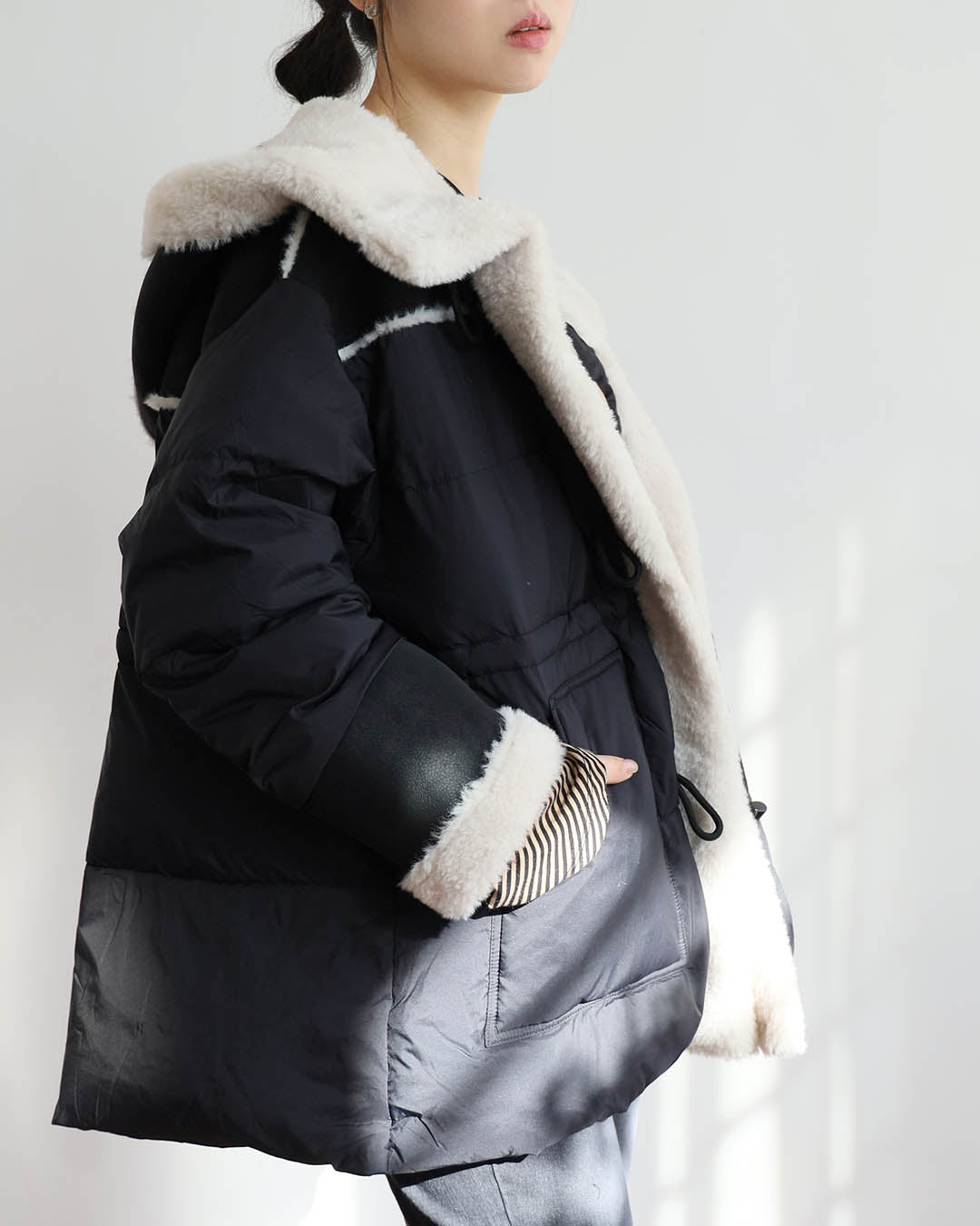 Faux Shearling Trim Down Jacket (3 Color)