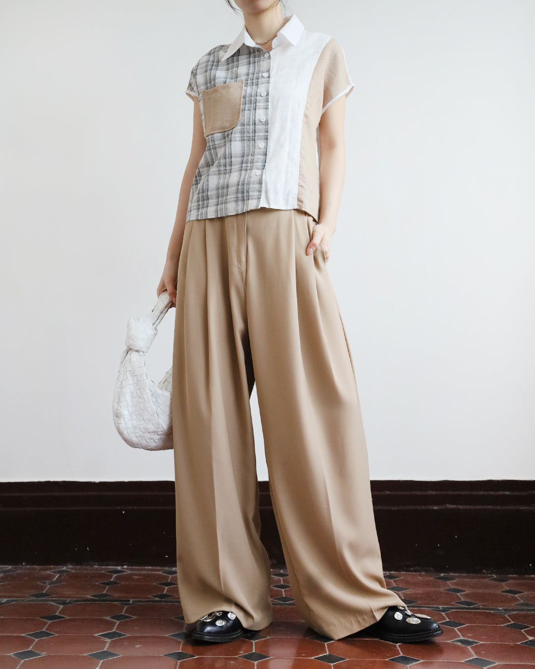 Mix Fabric Checker Shirt (2 Colors)