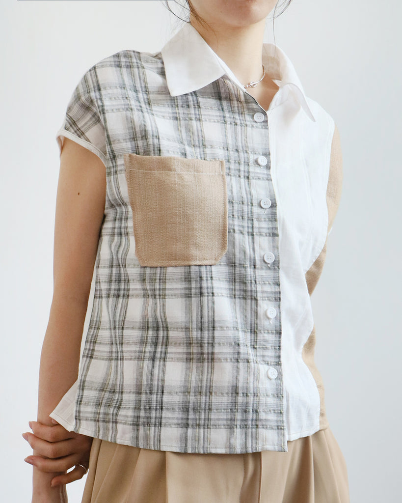 Mix Fabric Checker Shirt (2 Colors)