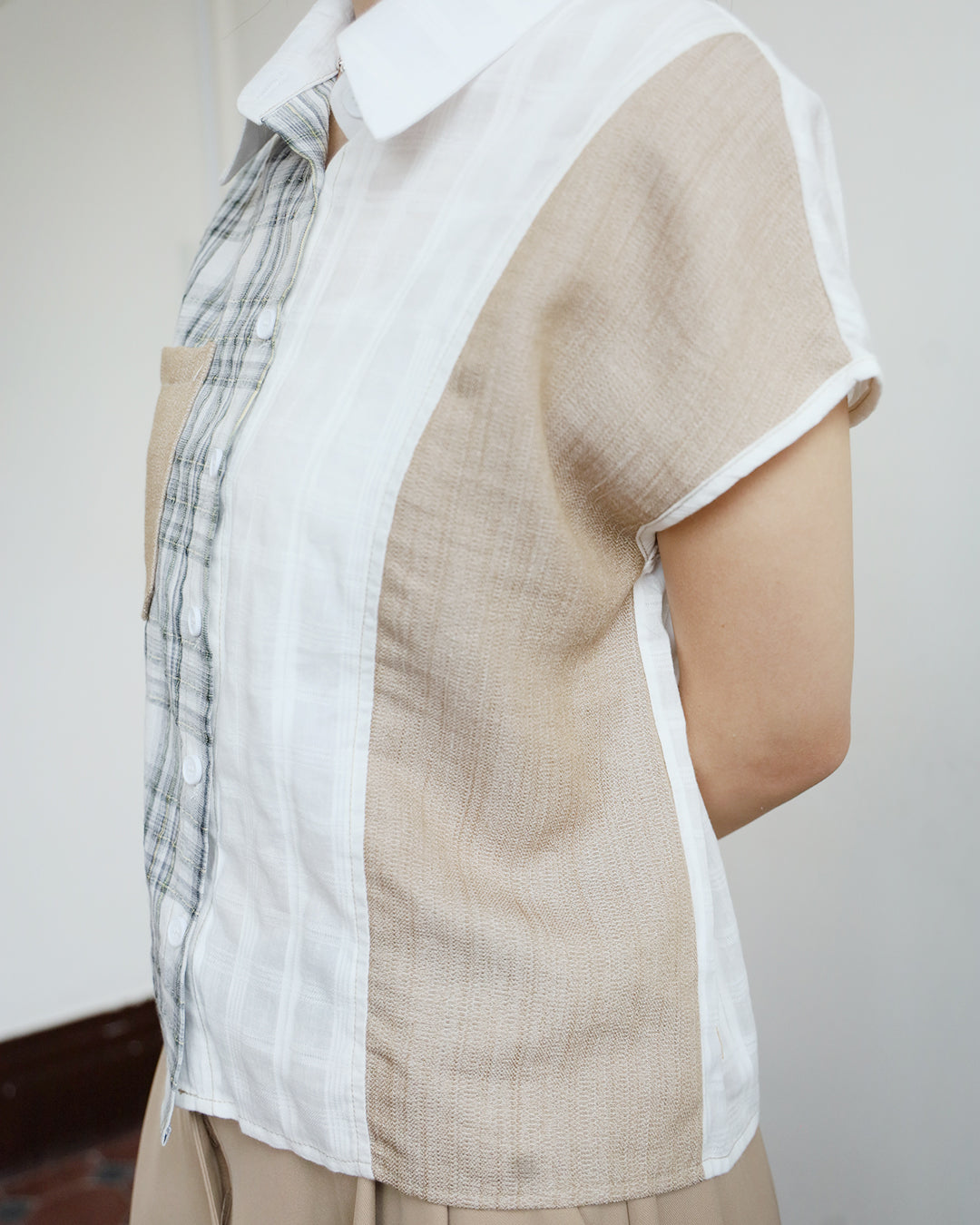 Mix Fabric Checker Shirt (2 Colors)
