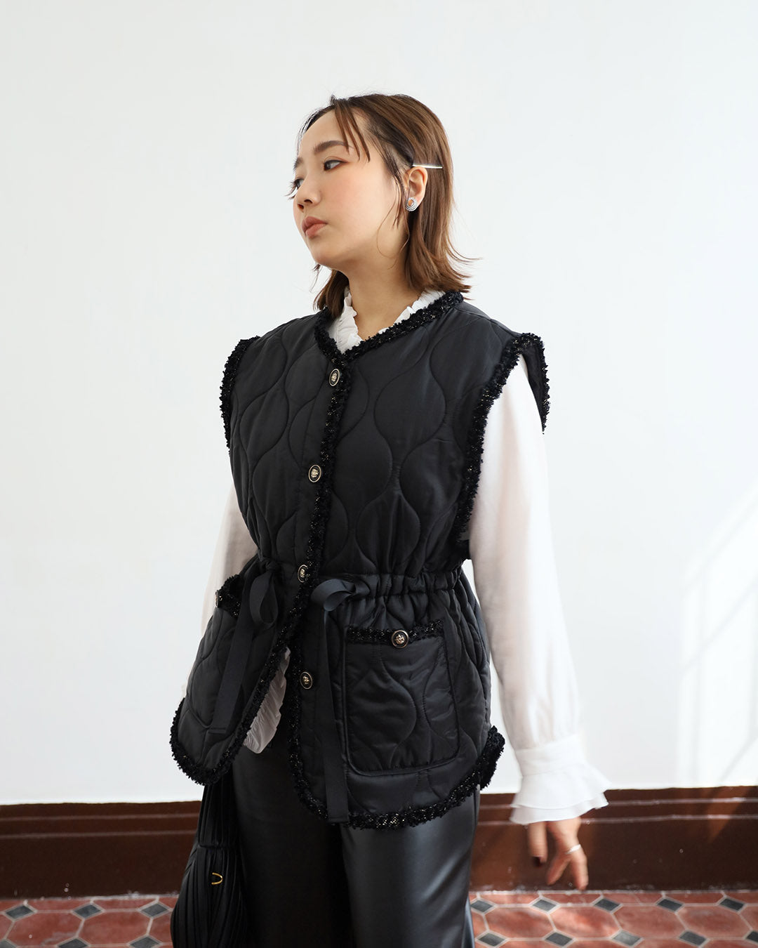Tweed Trimmed Quilted Vest (2 color)
