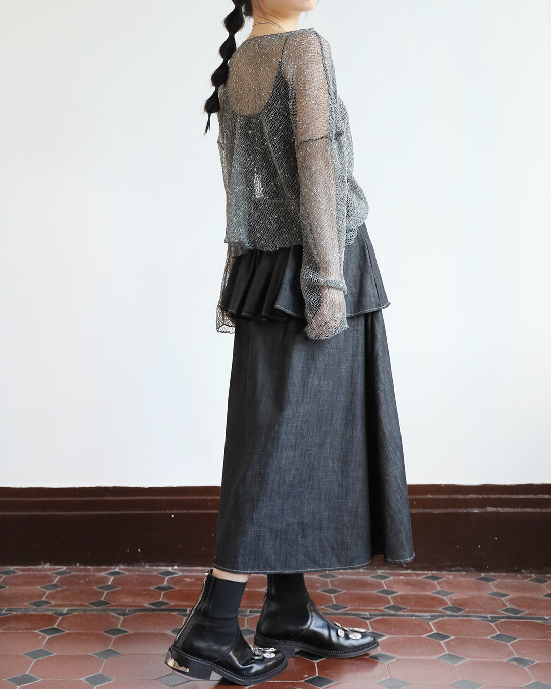 Pleated Layer Denim Skirt (2 color)