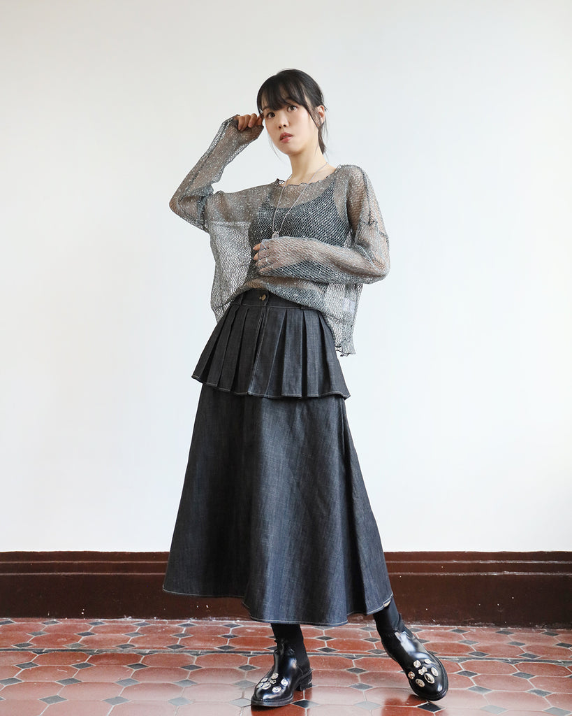 Pleated Layer Denim Skirt (2 color)
