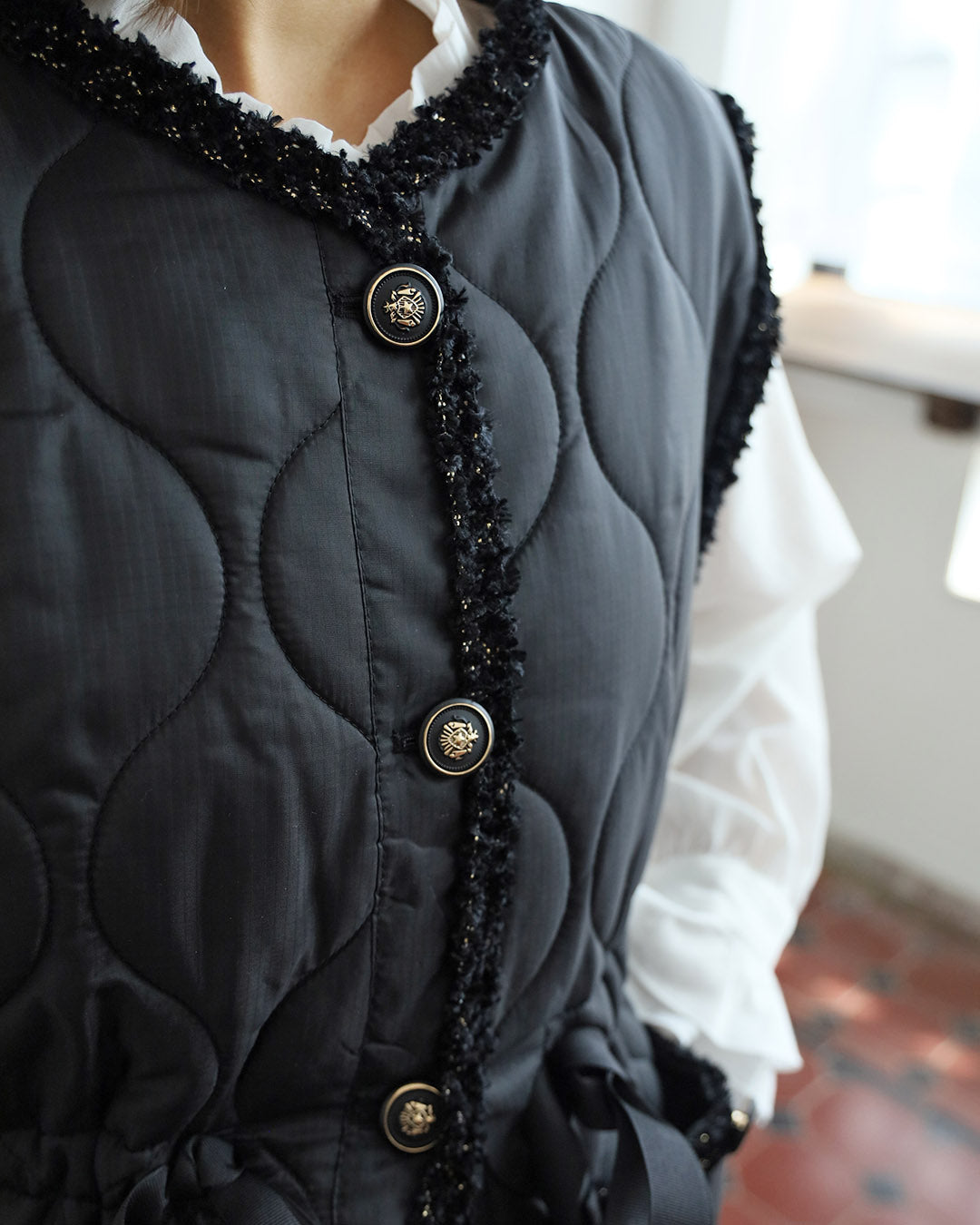 Tweed Trimmed Quilted Vest (2 color)