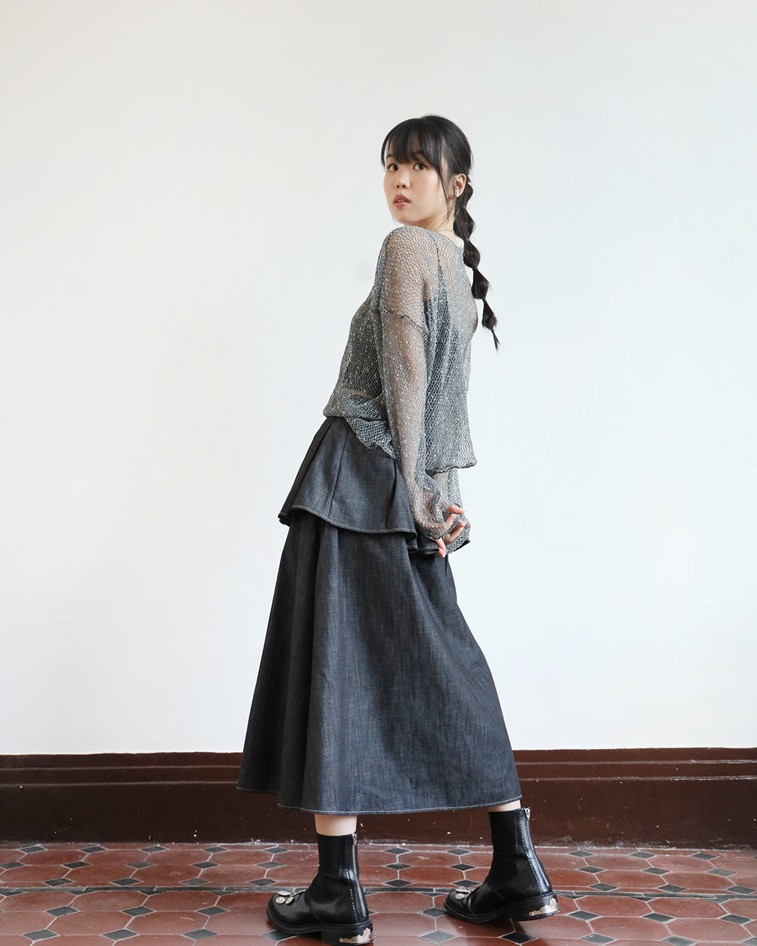 Pleated Layer Denim Skirt (2 color)