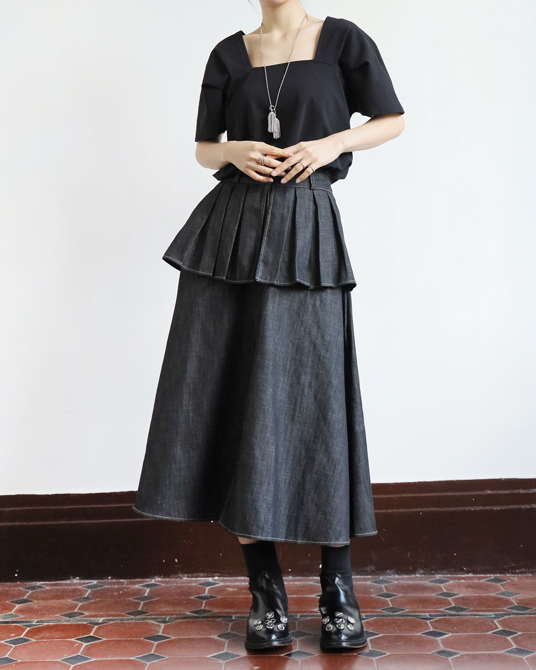 Pleated Layer Denim Skirt (2 color)