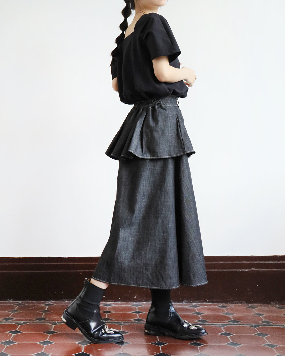 Pleated Layer Denim Skirt (2 color)