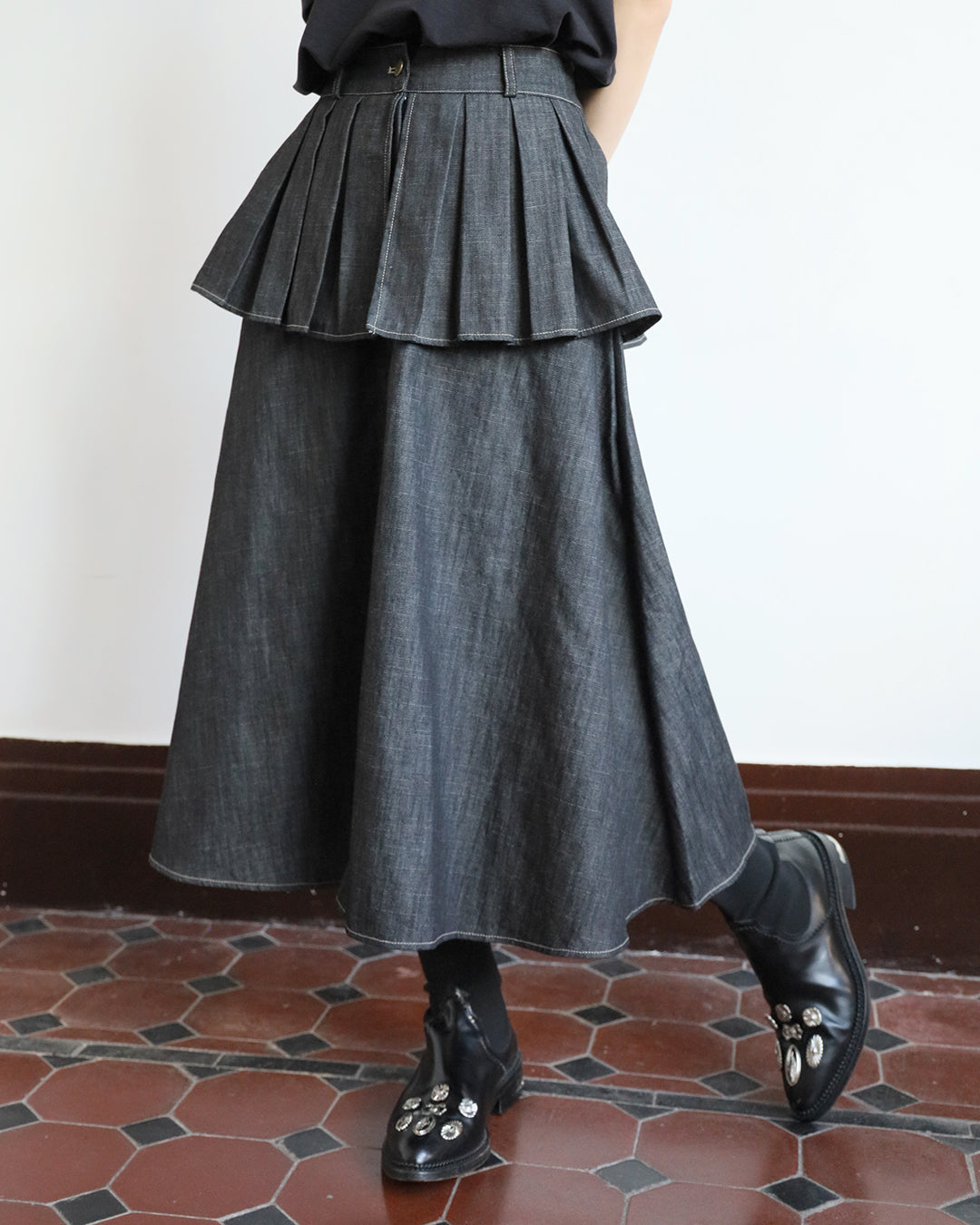 Pleated Layer Denim Skirt (2 color)