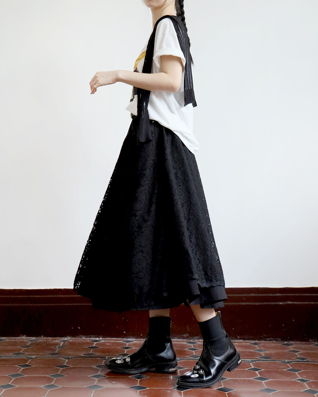 *Mix Fabric Lace Skater Skirt (2 Colors | Size S - L)