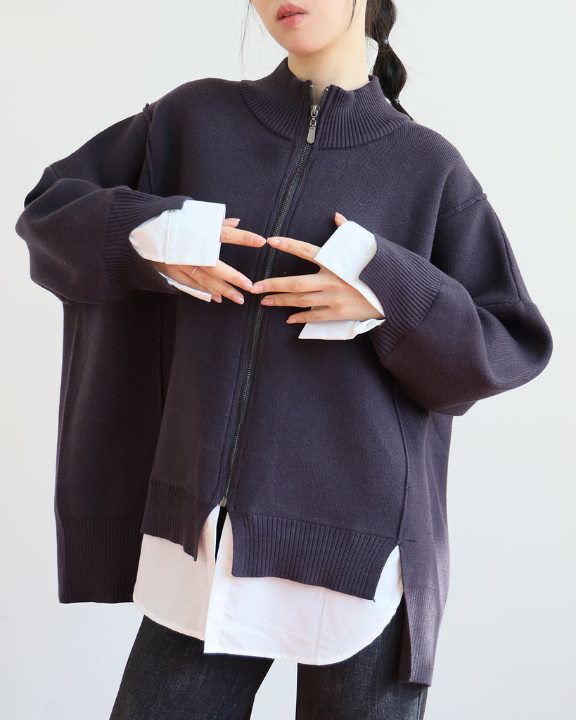 Zip-Up Cardigan w/ Shirt Layer